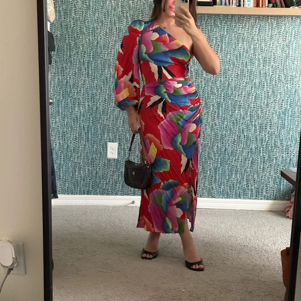 Farm Rio One-Shoulder Slim Floral Red Midi Dress - Picture 2 of 5